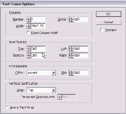    Text Frame Options